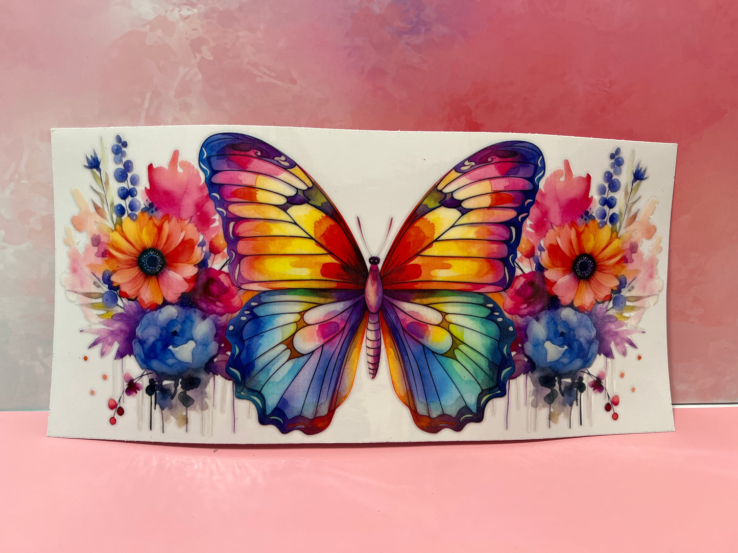 #089 rainbow colored butterfly and flowers