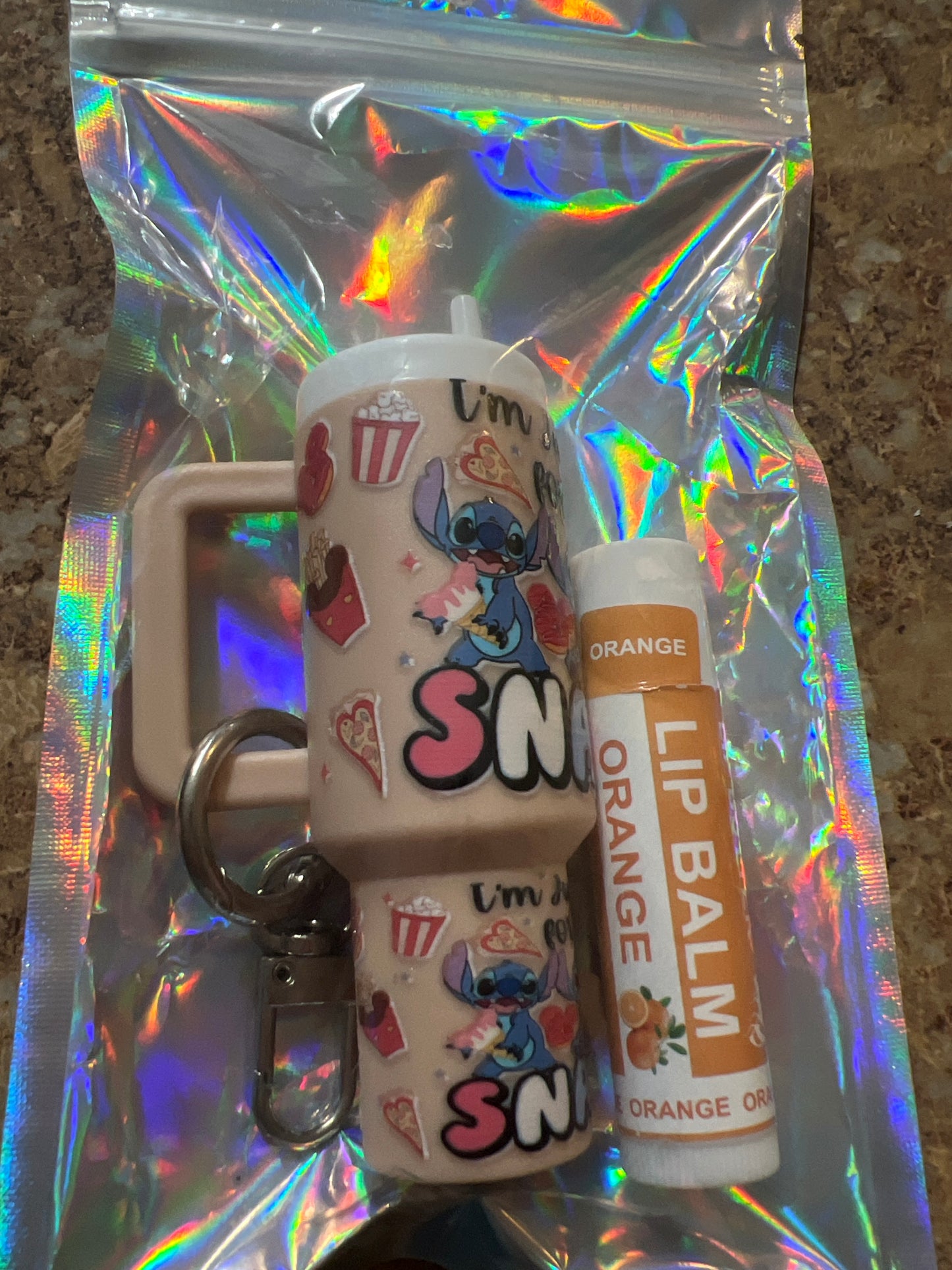 Stitch I'm just here for the snacks tan tumbler