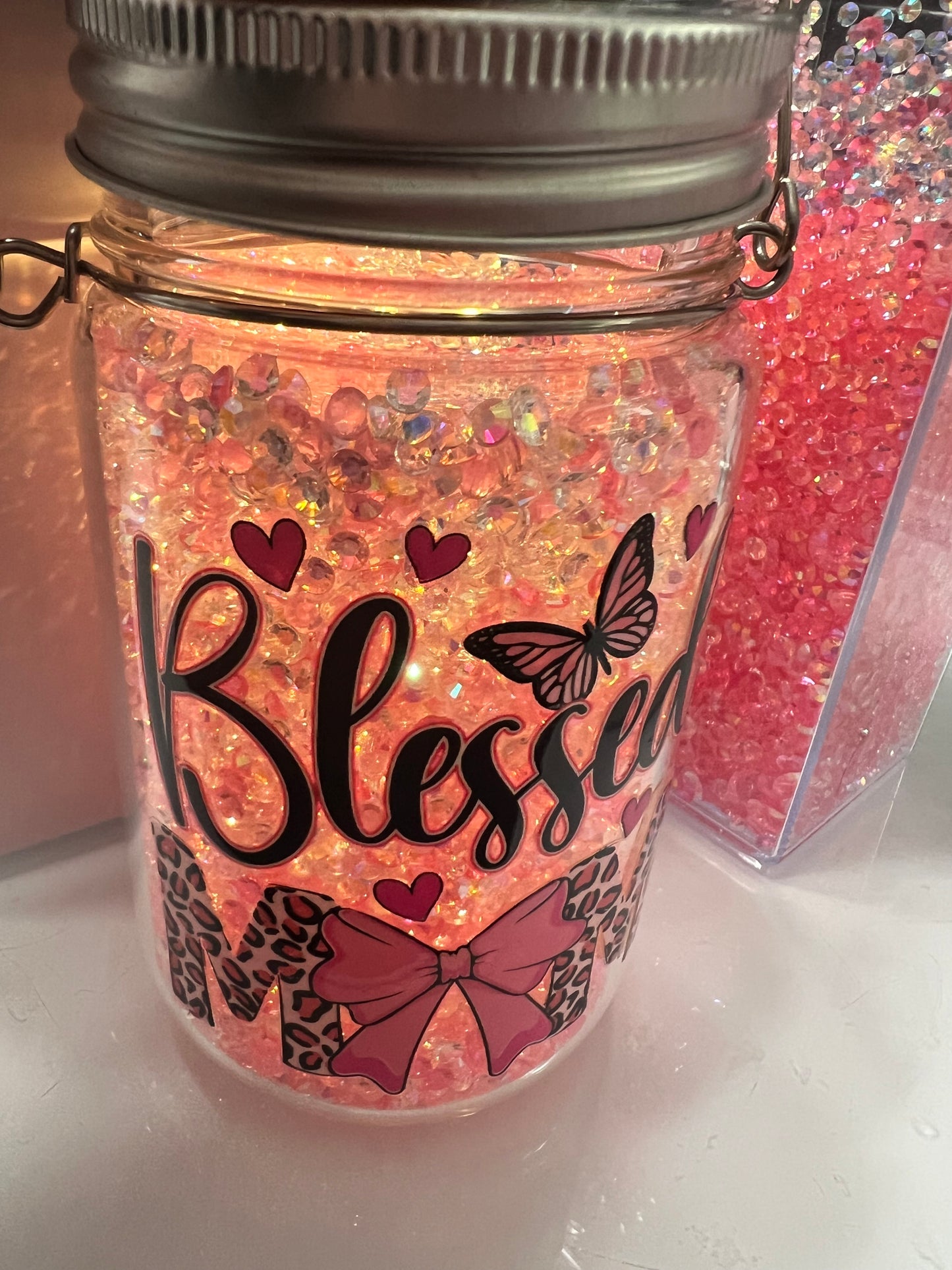 11oz blessed mom Snowglobe glass tumbler/solar light.