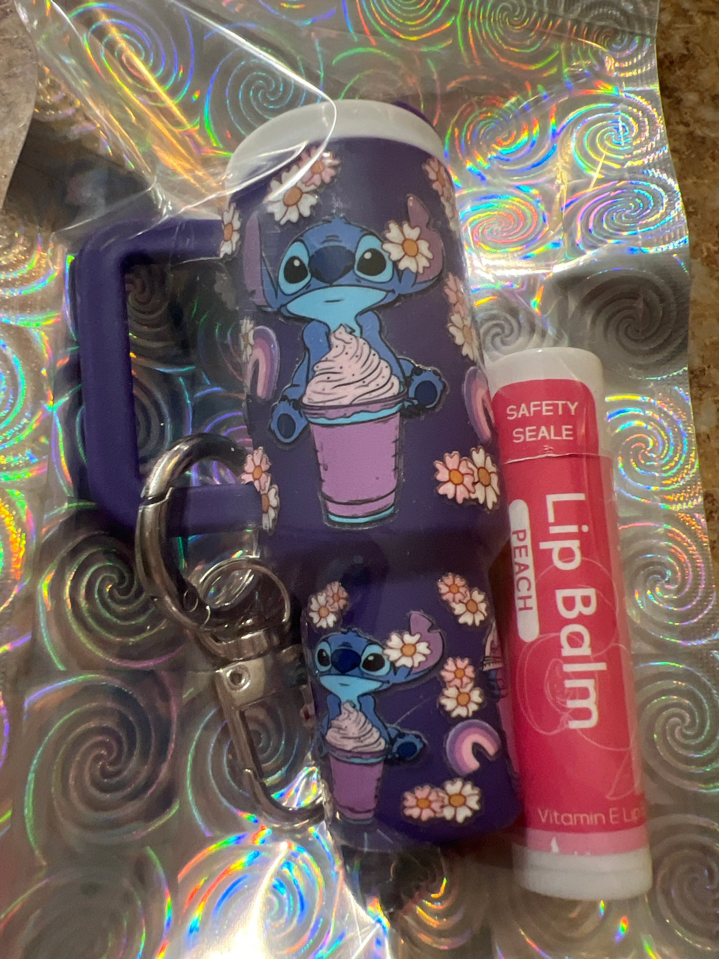 Stitch with drink and flowers purple tumbler