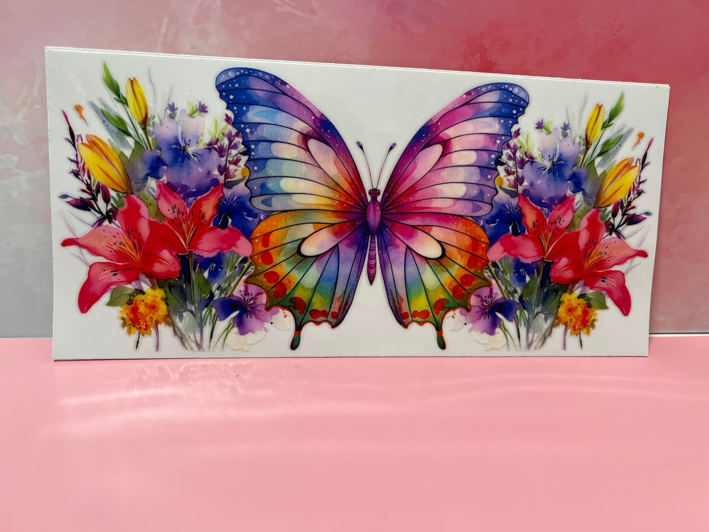 #086 rainbow colored butterfly and flowers