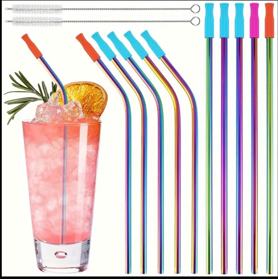 Metallic rainbow colored stainless steel straws