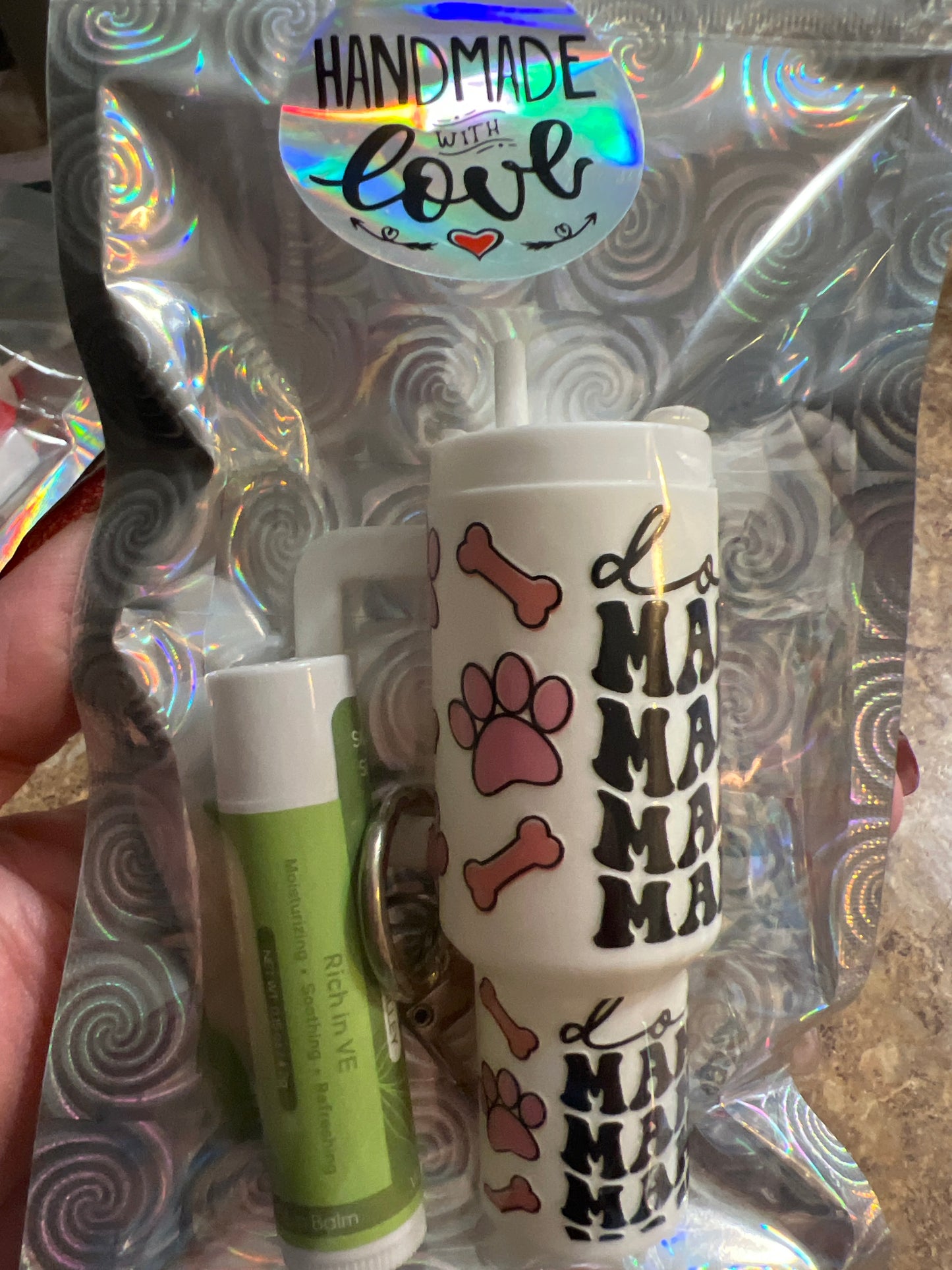 Dog mama white with pink bones & paw prints