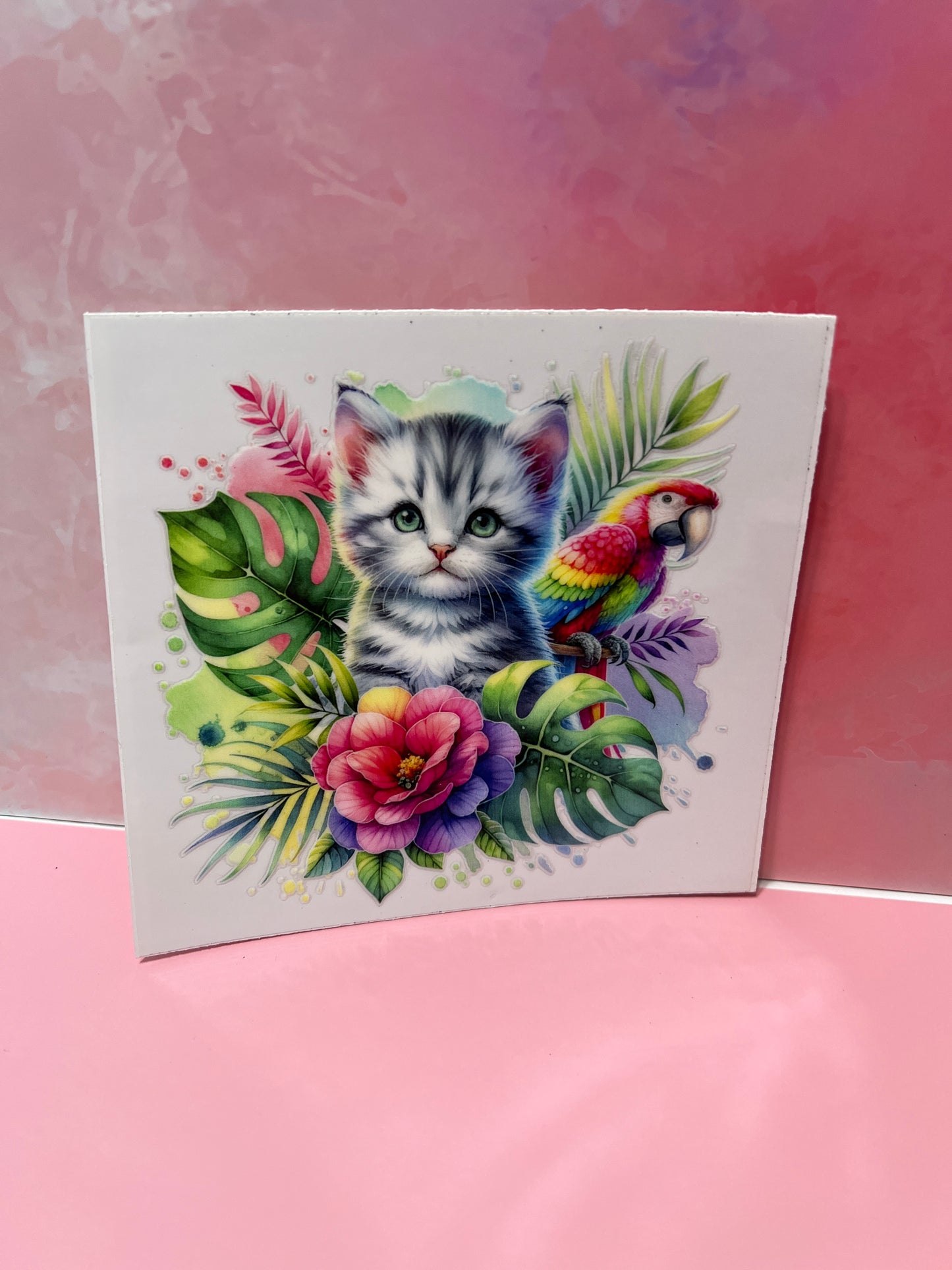 #353 cat with parrot and flowers