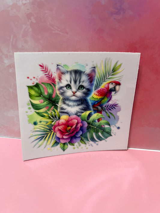 #353 cat with parrot and flowers
