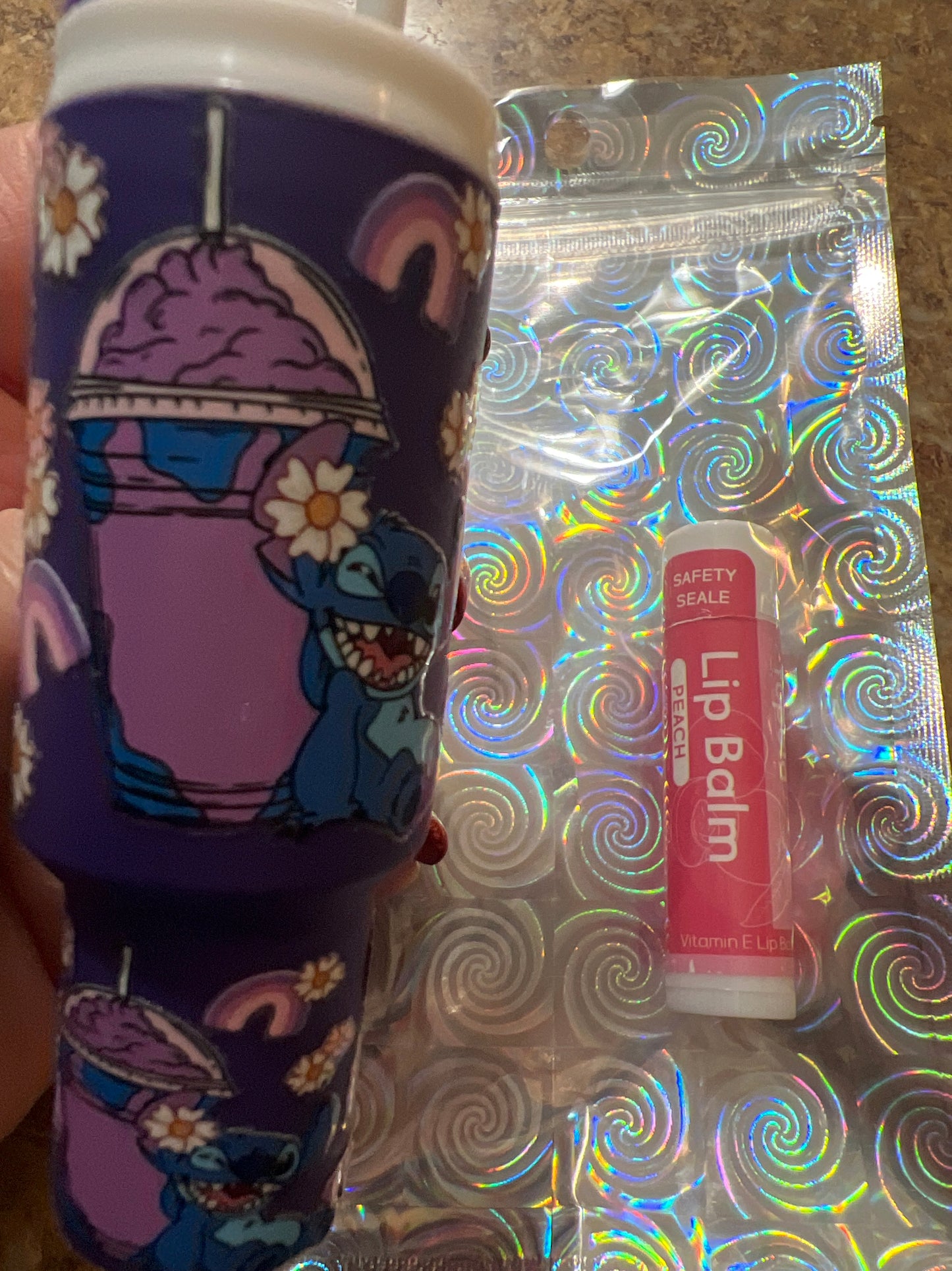 Stitch with drink and flowers purple tumbler