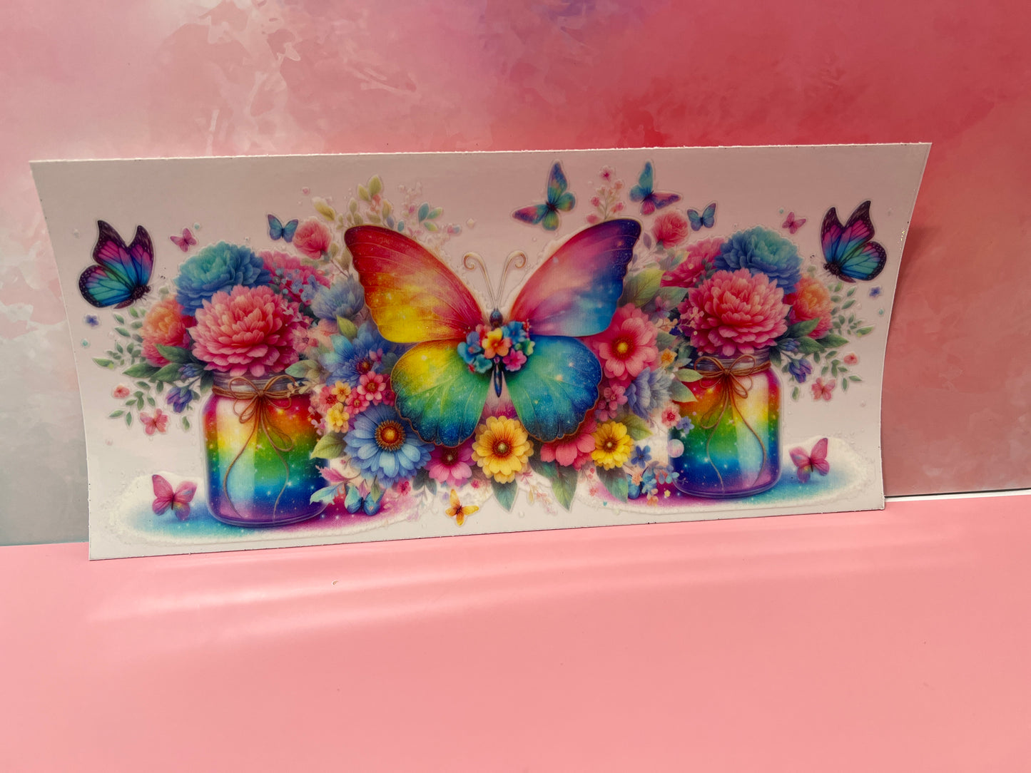 #092 pastel rainbow butterfly and flowers