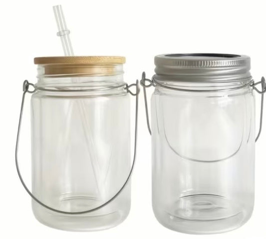 11 oz Double Wall Glass Snowglobe Mason Jars with solar light lid and Bamboo Lid & Straw