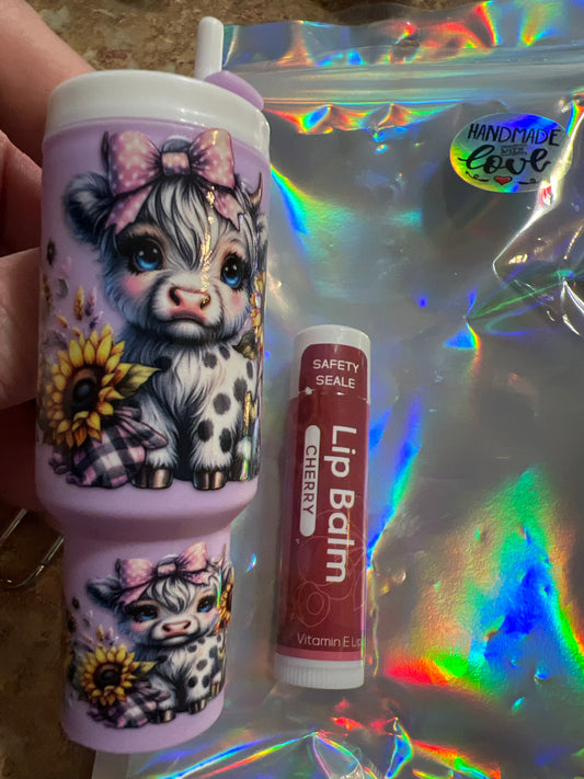 Cow with sunflowers light purple