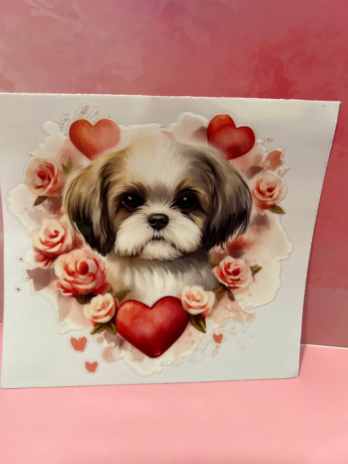 #388 dog with heart and flowers