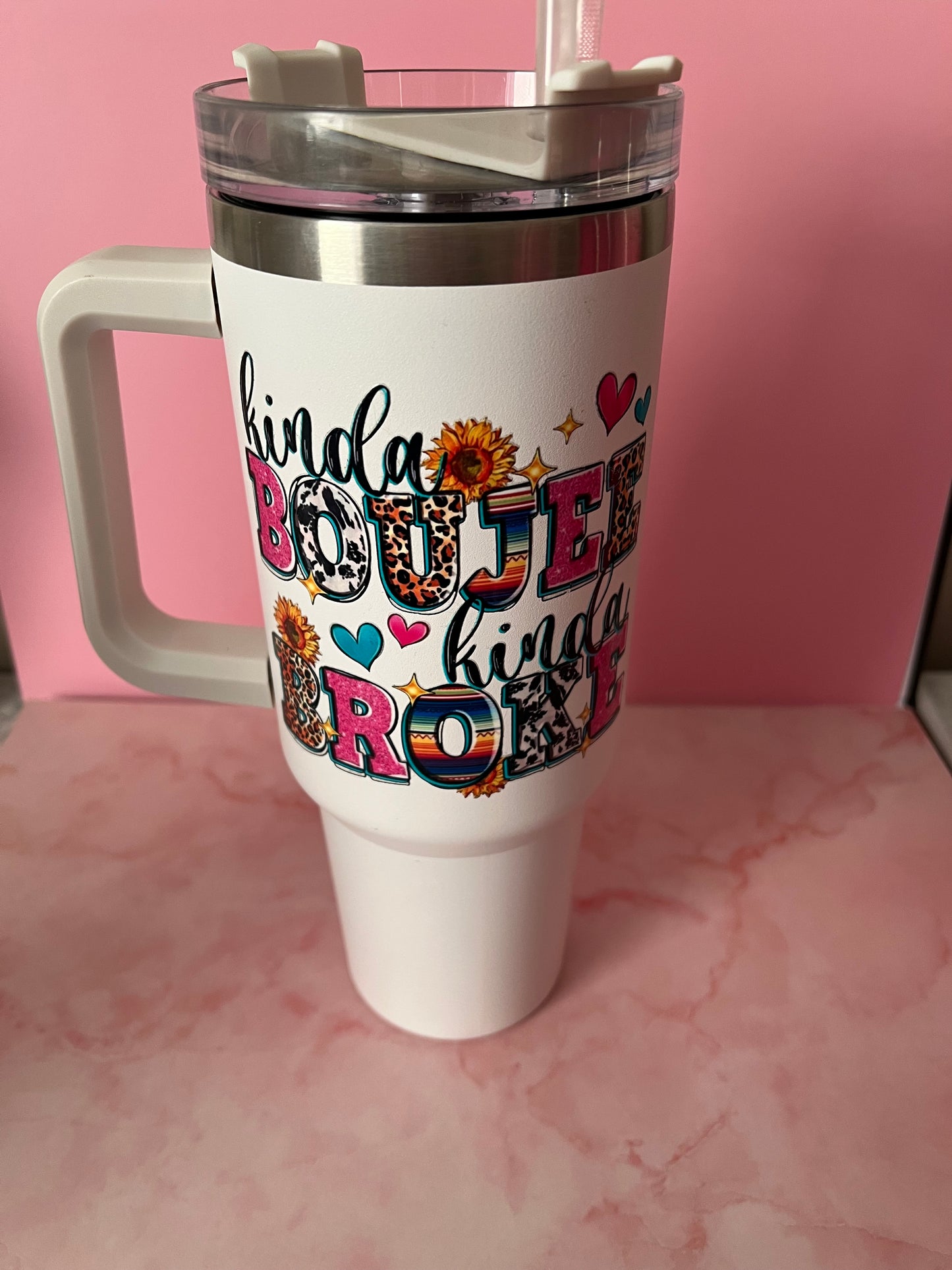 Kinda Boujee kinda Broke 40 OZ insulated Tumbler white & pink available