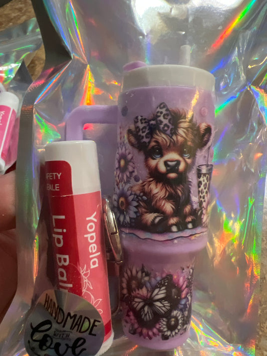 Cute cow with butterflies and tumbler purple