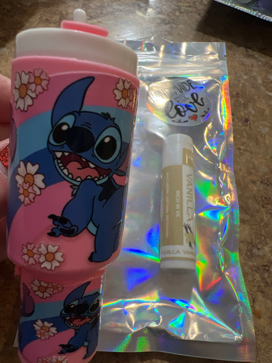 Stitch pink with rainbow and flowers