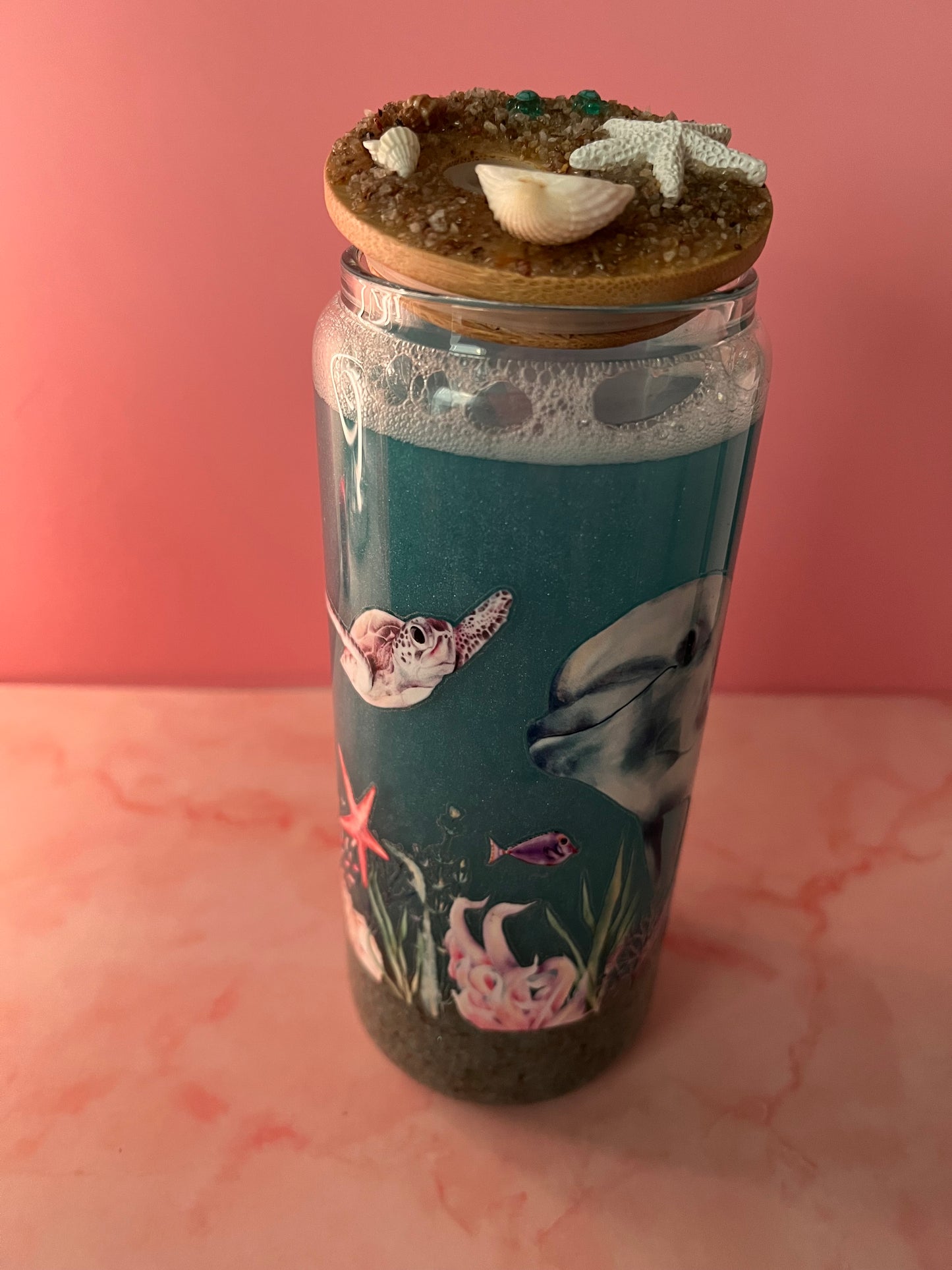 20 oz Glass Dolphin beach filled tumbler