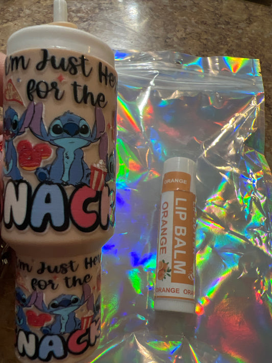 Stitch I'm just here for the snacks tan tumbler