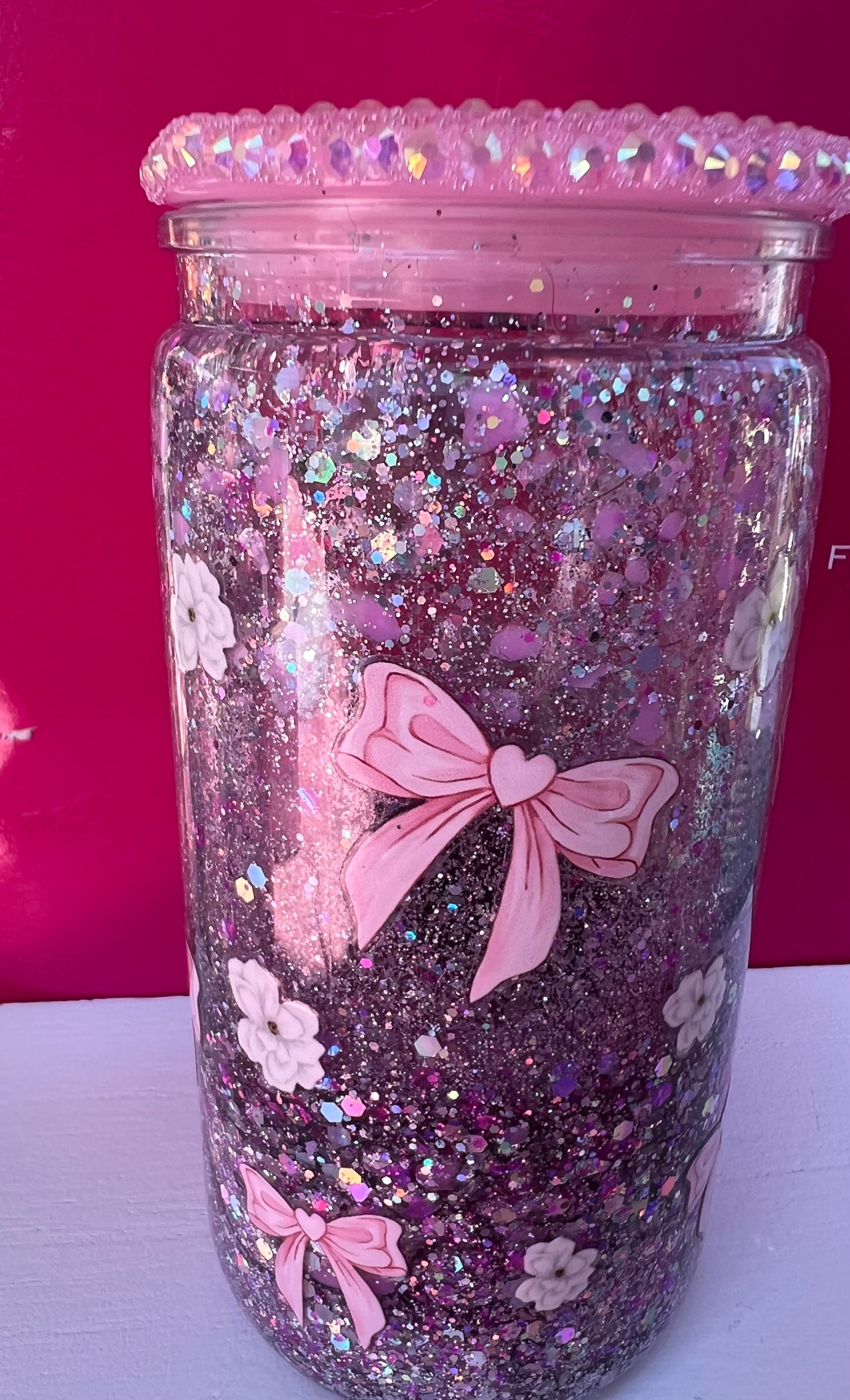 16 oz pink bow lava acrylic tumbler with pink rhinestone lid