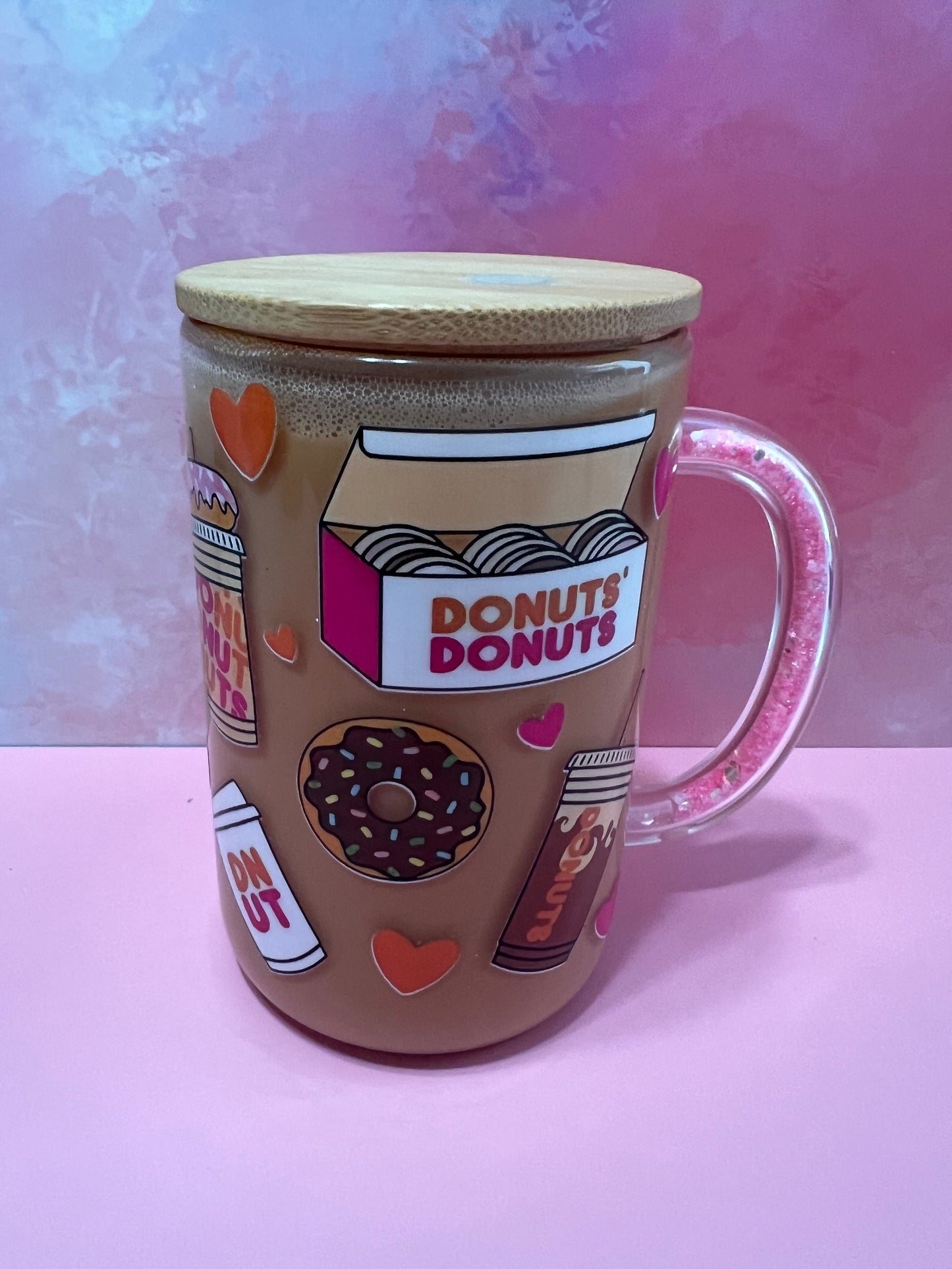 16 oz glass cup with glitter filled handle Donut coffee cup