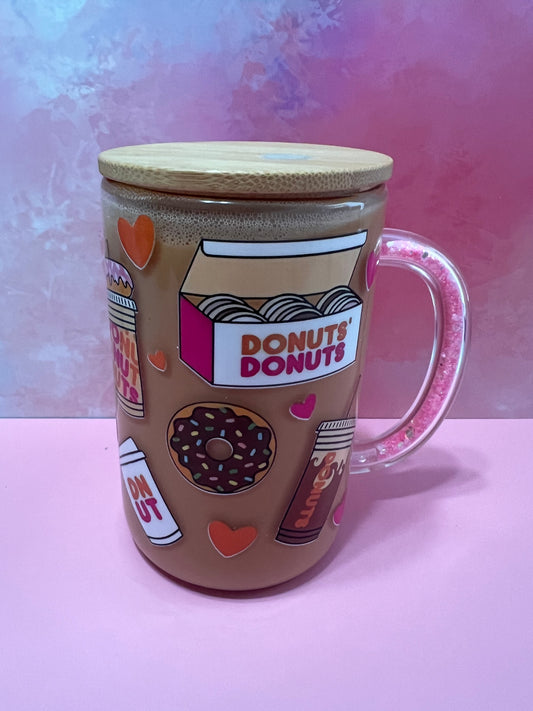 16 oz glass cup with glitter filled handle Donut coffee cup