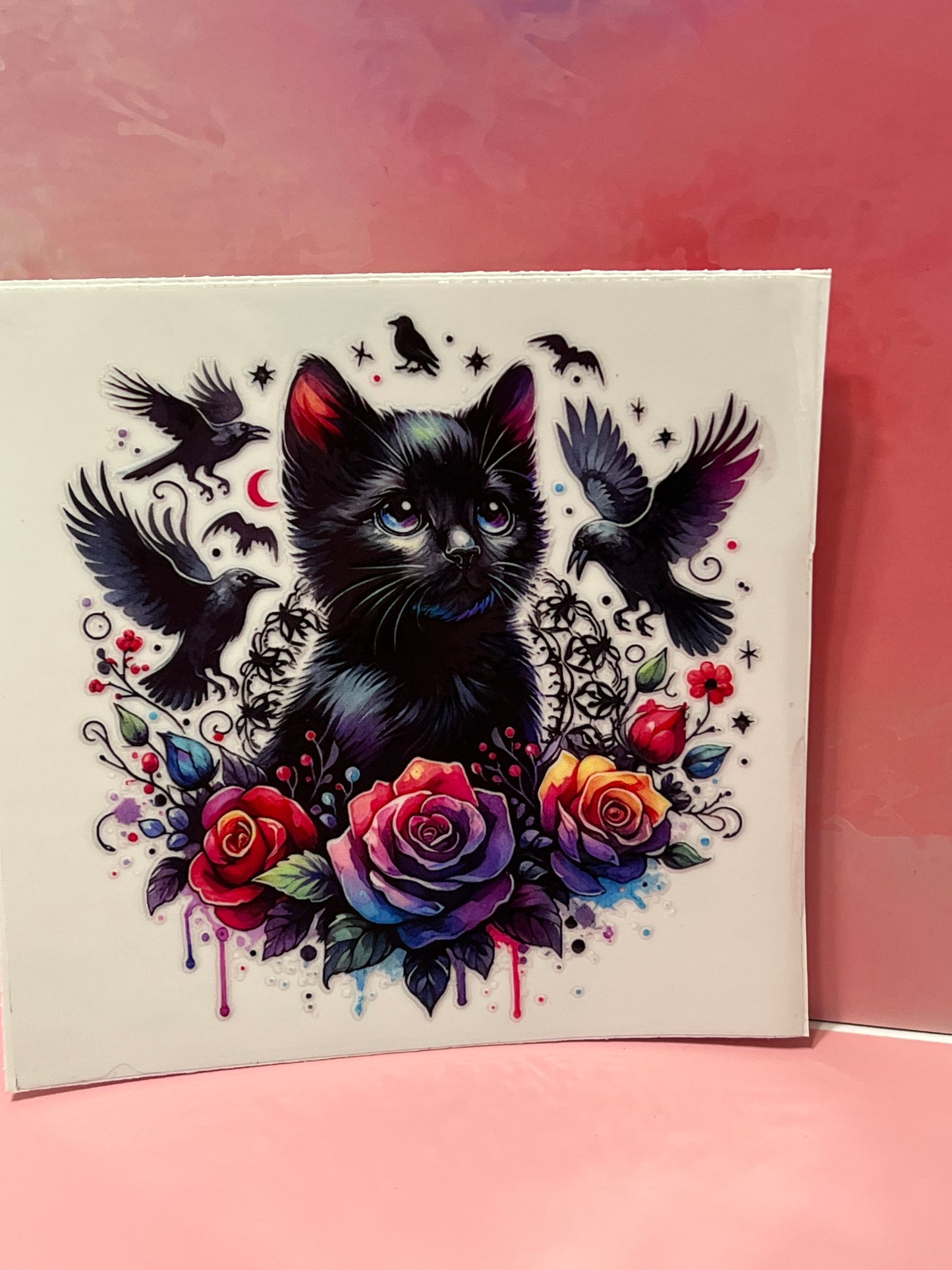 #355 black cat birds and flowers