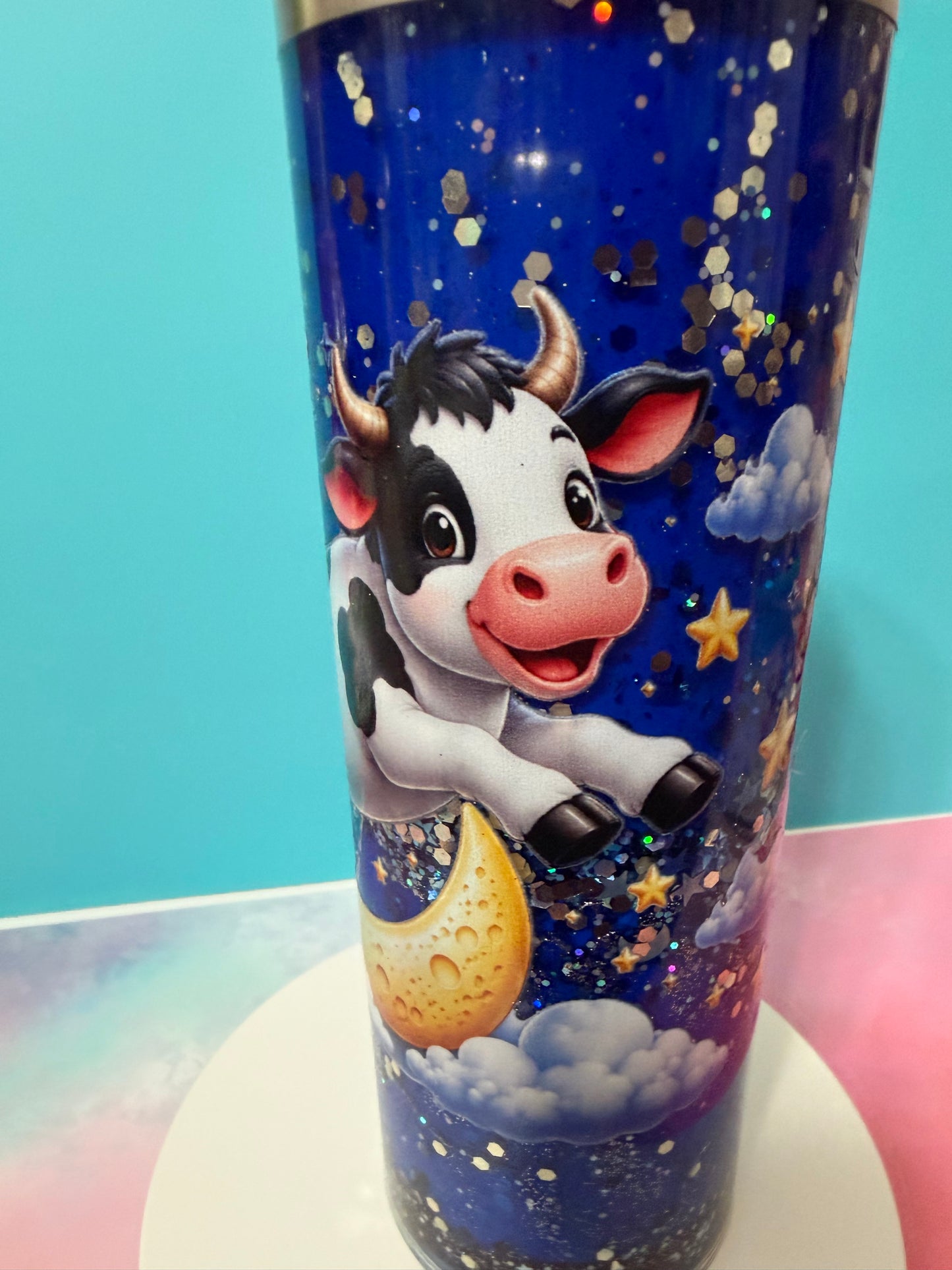 Cow jumping over moon 20oz lava stainless steel snow globe tumbler