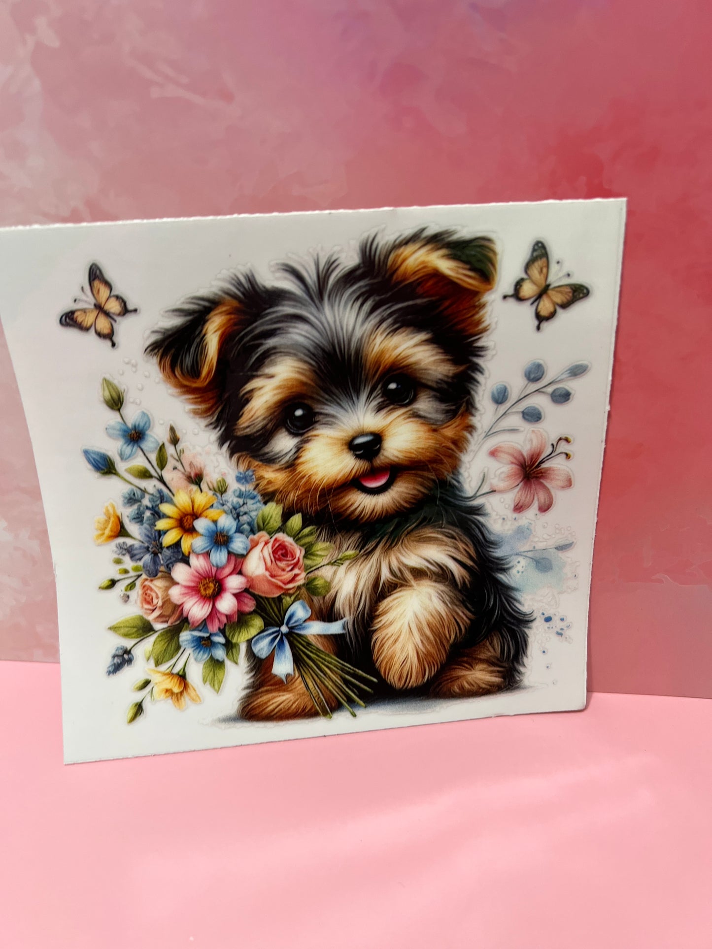 #373 yorkie dog flowers & butterflies