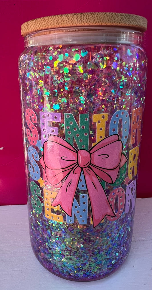 16oz glass tumbler slow flow glitter Senior decal
