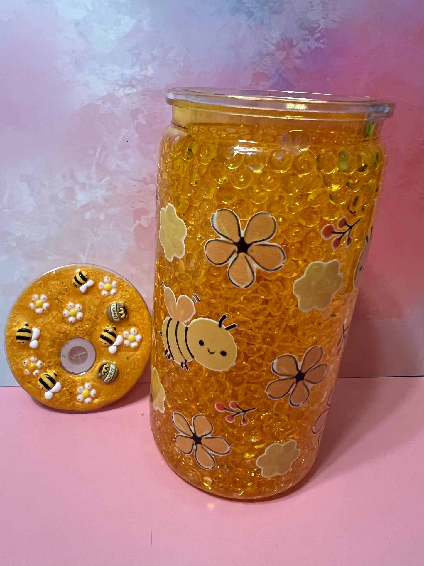 16 oz bee snow globe tumbler w/decorated lid